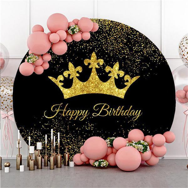 Gold Crown And Black Circle Happy Birthday Backdrop - Lofaris