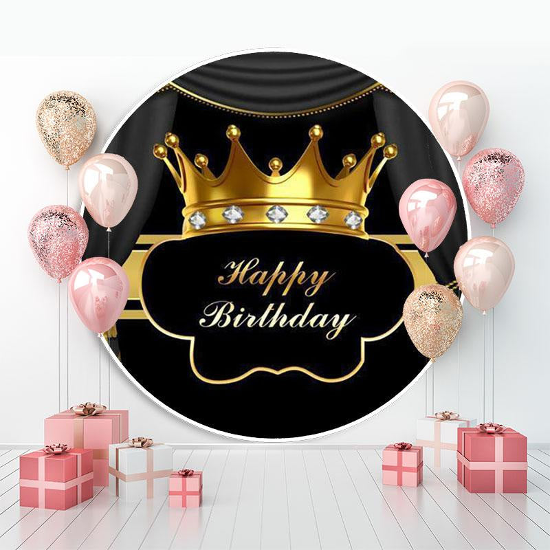 Lofaris Gold Crown Diamonds Black Round Happy Birthday Backdrop