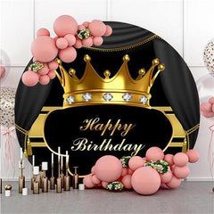 Lofaris Gold Crown Diamonds Black Round Happy Birthday Backdrop