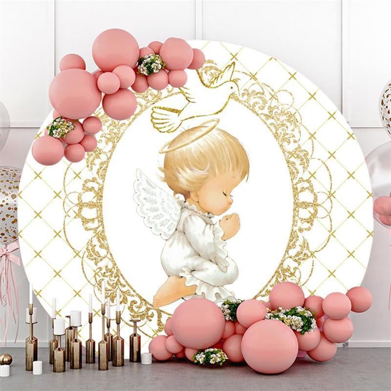 Lofaris Gold Dove And White Angle Baby Shower Circle Backdrop