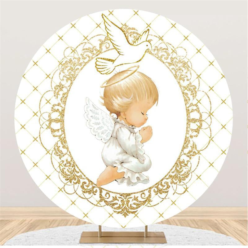 Gold Dove And White Angle Baby Shower Circle Backdrop -Lofaris