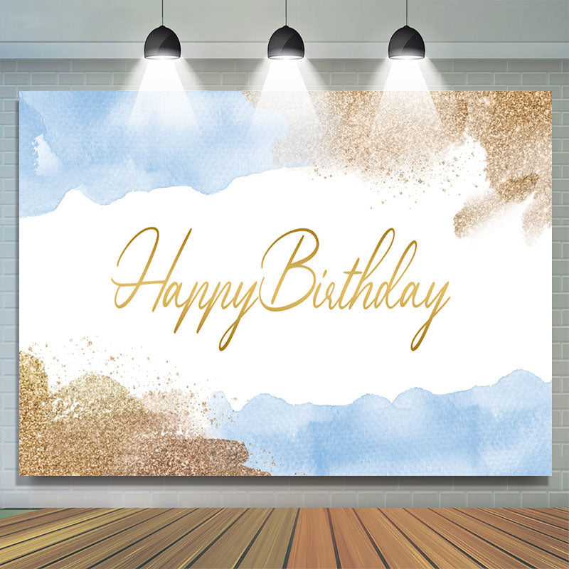 Lofaris Gold Glitter And Blue Happy Birthday Party Backdrop