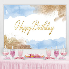 Lofaris Gold Glitter And Blue Happy Birthday Party Backdrop