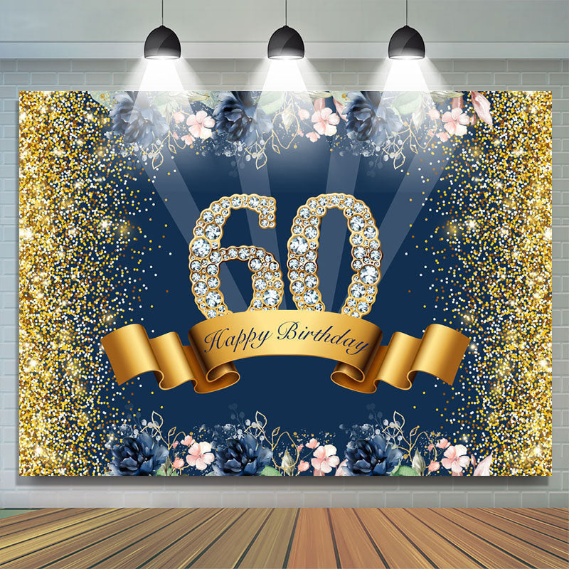 Lofaris Gold Glitter And Flowers Happy 60th Birthday Backdrop