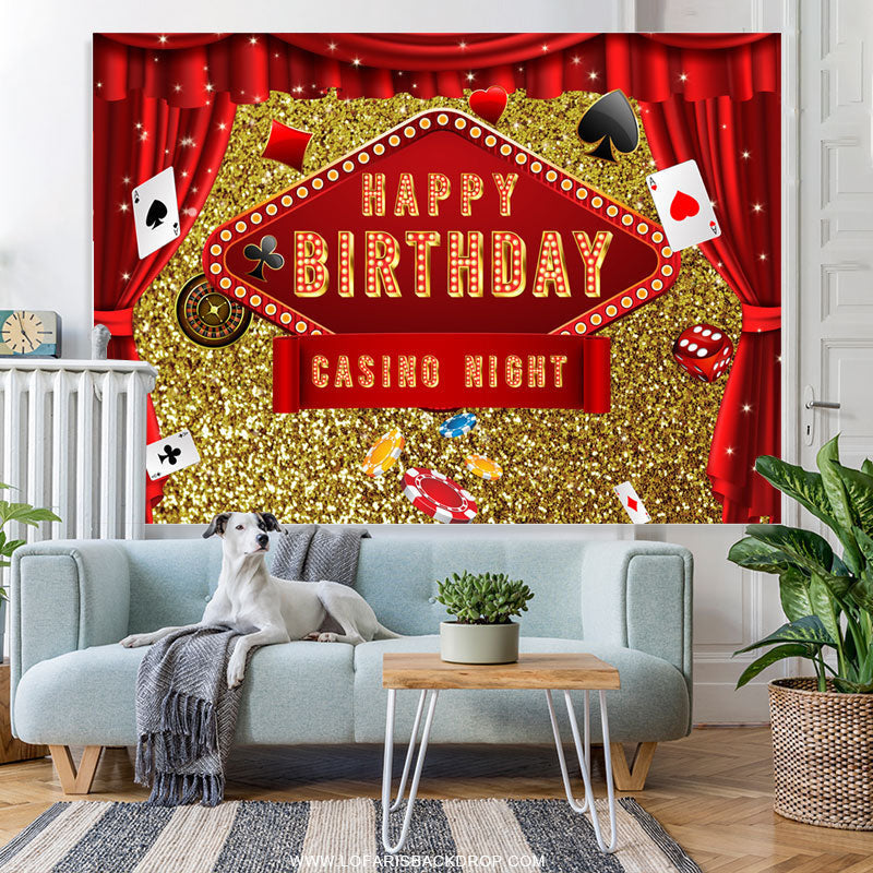 Gold Glitter And Red Curtain Happy Birthday Backdrop – Lofaris