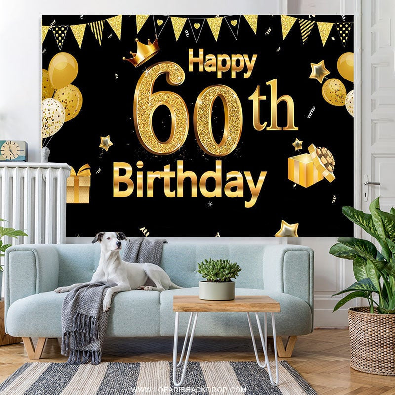 Gold Glitter Balloons Black Happy 60th Birthday Backdrop - Lofaris