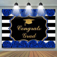 Lofaris Gold Glitter Blue Roses Congrats Graduation Backdrop