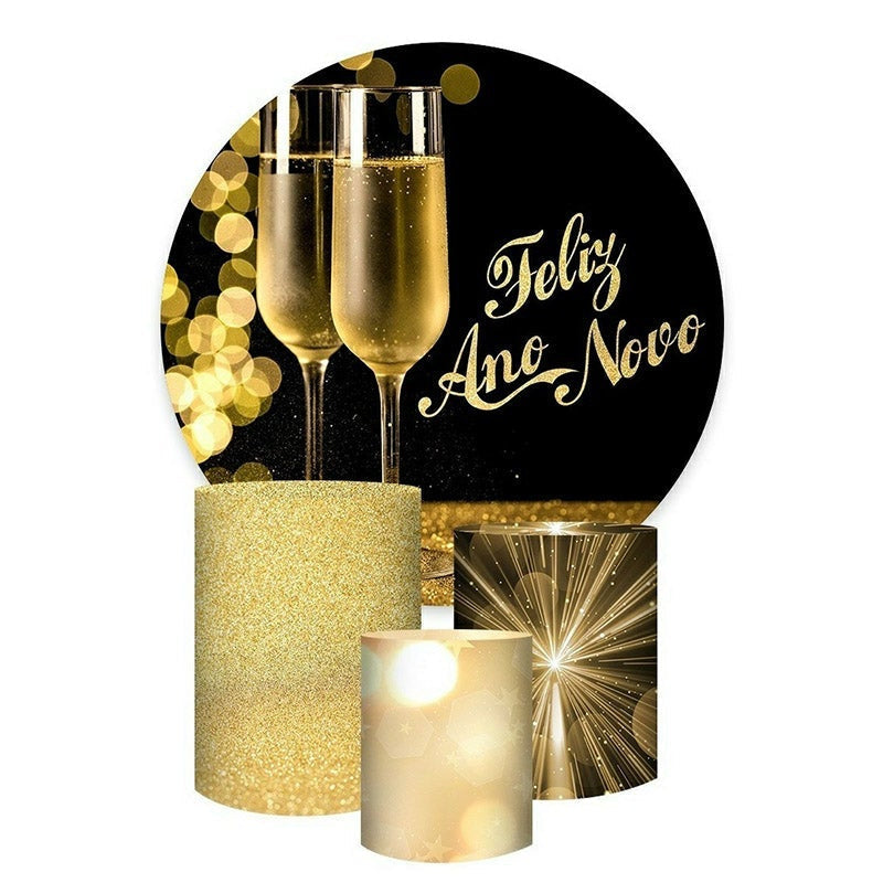 Lofaris Gold Glitter Bokeh Wine Glass Round Birthday Backdrop Kit