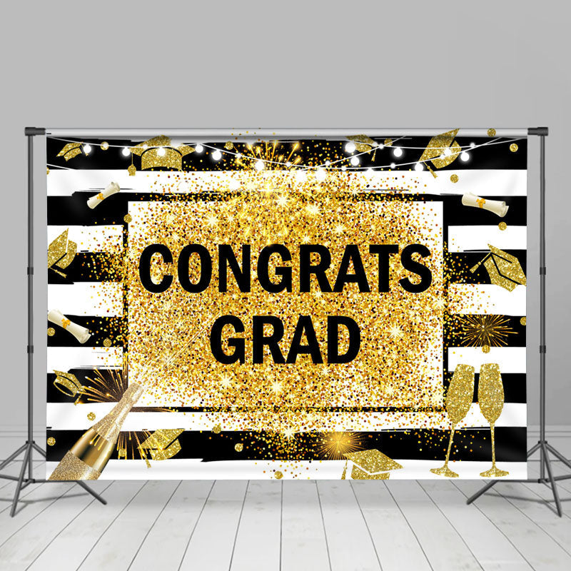 Lofaris Gold Glitter Champagne Black White Congrats Backdrop