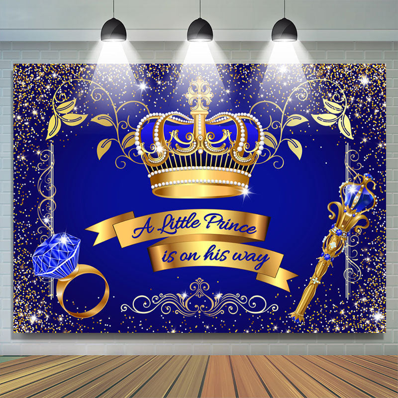 Lofaris Gold Glitter Crown Blue Prince Baby Shower Backdrop