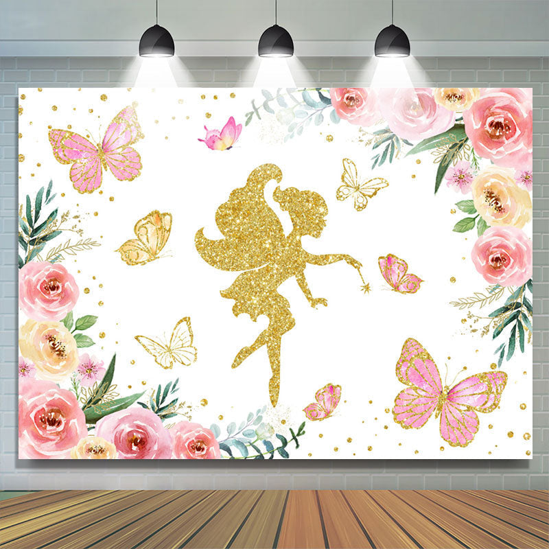 Lofaris Gold Glitter Fairy Pink Floral Birthday Party Backdrop