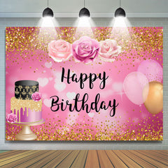 Lofaris Gold Glitter Floral Balloons Happy Birthday Backdrop