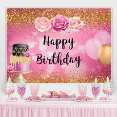 Lofaris Gold Glitter Floral Balloons Happy Birthday Backdrop