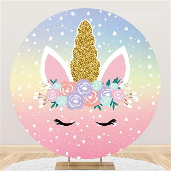 Lofaris Gold Glitter Floral Unicorn Themed Round Birthday Backdrop