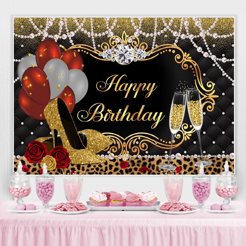 Black Gold Heel Champagne Balloon Birthday Backdrop - Lofaris