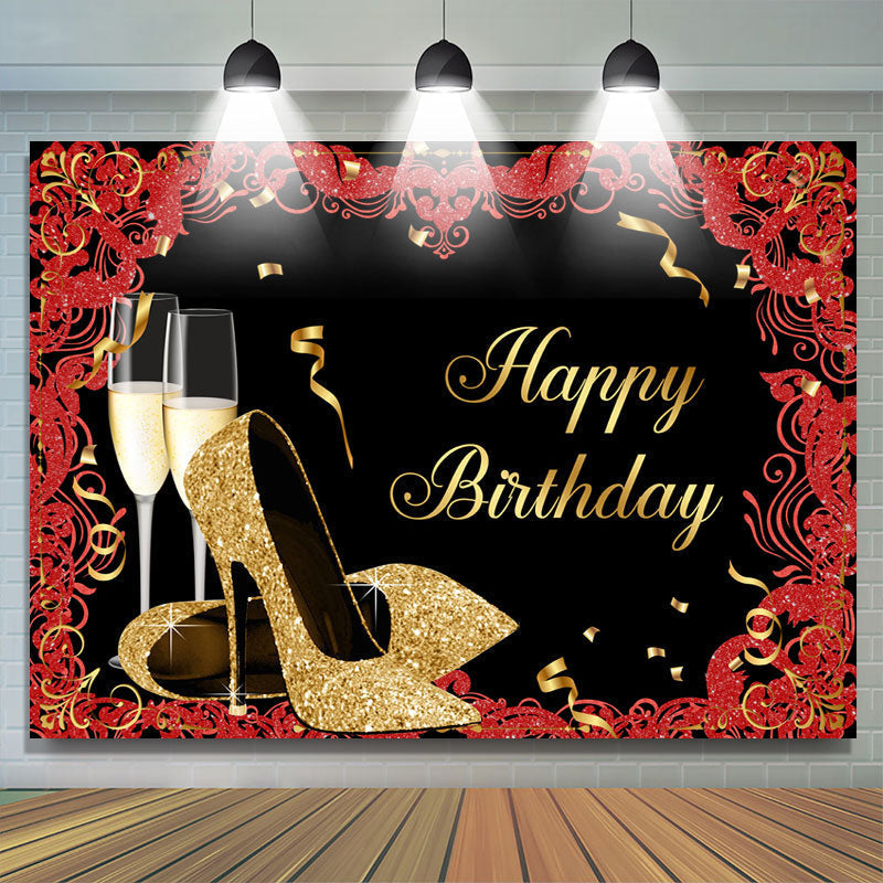 Lofaris Gold Glitter High Heels Black Happy Birthday Backdrop