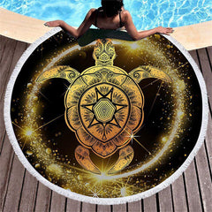 Lofaris Gold Glitter Magic Turtle Round Fringe Beach Towel