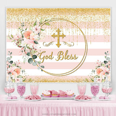 Lofaris Gold Glitter Pink Floral God Bless Baby Shower Backdrop