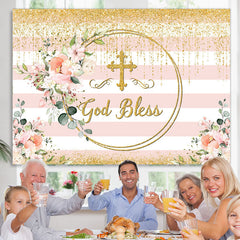 Lofaris Gold Glitter Pink Floral God Bless Baby Shower Backdrop