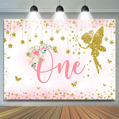 Lofaris Gold Glitter Pink Floral Happy 1St Birthday Backdrop