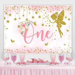 Lofaris Gold Glitter Pink Floral Happy 1St Birthday Backdrop