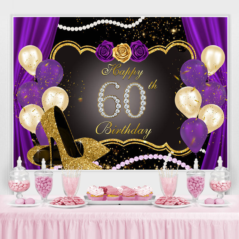 Gold Glitter Purple Rose 60th Happy Birthday Backdrop – Lofaris