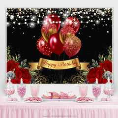 Lofaris Gold Glitter Red Balloons Black Happy Birthday Backdrop