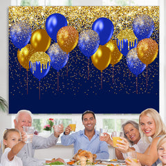 Lofaris Gold-Navy Balloons Glitter Happy Birthday Backdrop