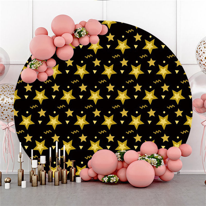 Lofaris Gold Star Black Round Backdrop For Happy Birthday Party