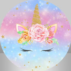 Lofaris Gold Star Glitter Pink Unicorn Round Birthday Backdrop