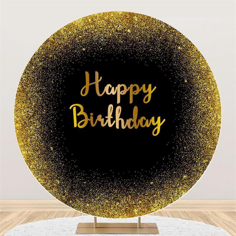 Lofaris Golden And Black Glitter Round Happy Birthday Backdrop