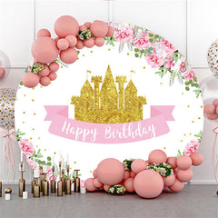 Lofaris Golden Castle Pink Flower Cirlce Happy Birthday Backdrop