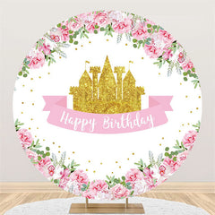 Lofaris Golden Castle Pink Flower Cirlce Happy Birthday Backdrop