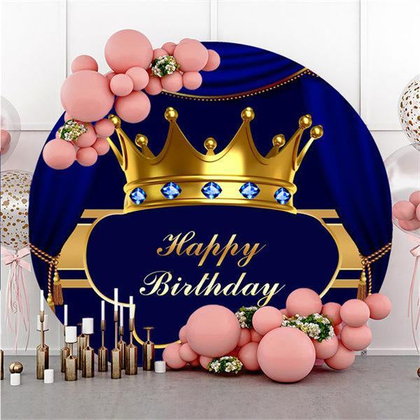 Lofaris Golden Crown Blue Custom Circle Happy Birthday Backdrop