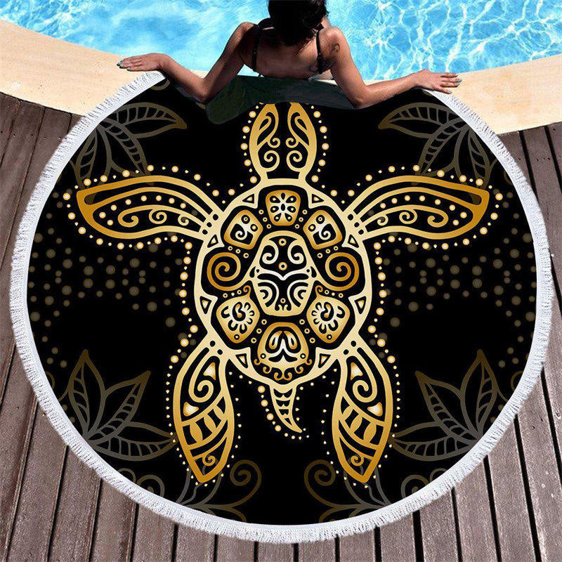 Lofaris Golden Floral Pattern Turtle Round Summer Beach Blanket