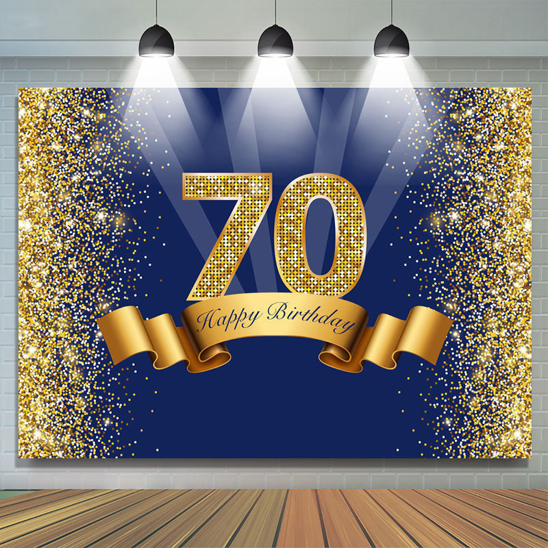 Golden Glitter Navy Blue Happy 70Th Birthday Backdrop