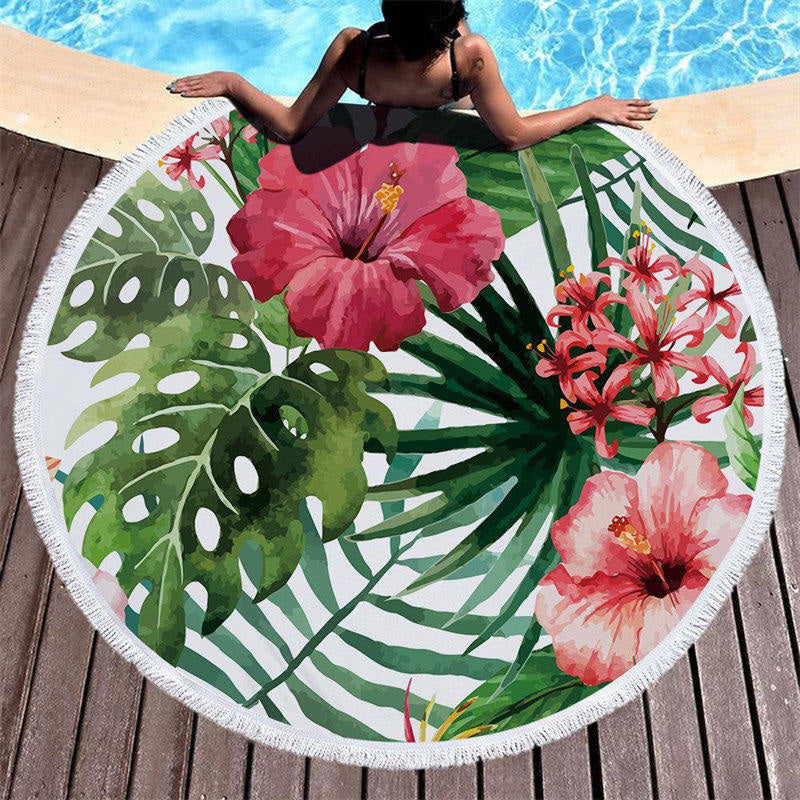 Lofaris Gorgeous Hibiscus Round Summer Beach Blanket With Fringe