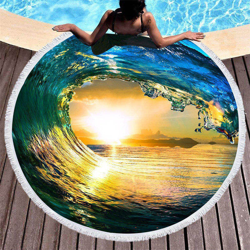 Lofaris Gorgeous Sunset Sea Wave Large Round Beach Towel