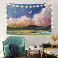 Lofaris Grassland Moon Mountain Painting Style Lake Custom Tapestry