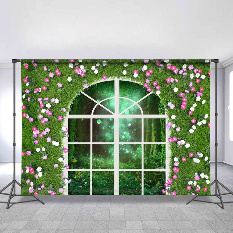 Lofaris Green And Floral Window Bokeh Outside Spring Backdrop