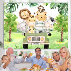 Lofaris Green Car And Forest Animals Happy Birthday Backdrop