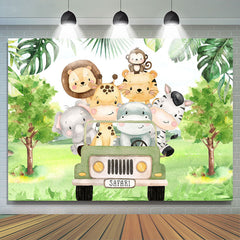 Lofaris Green Car And Forest Animals Happy Birthday Backdrop