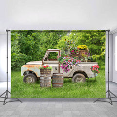 Lofaris Green Forest Grass With A Floral Truck Spring Backdrop