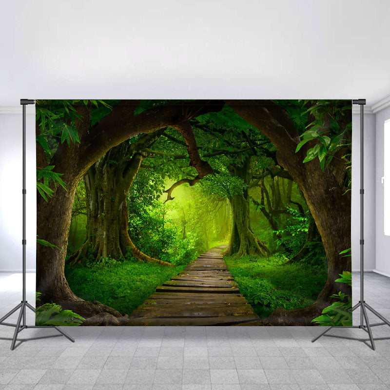 Lofaris Green Forest Jungle With Wooden Road Spring Backdrop