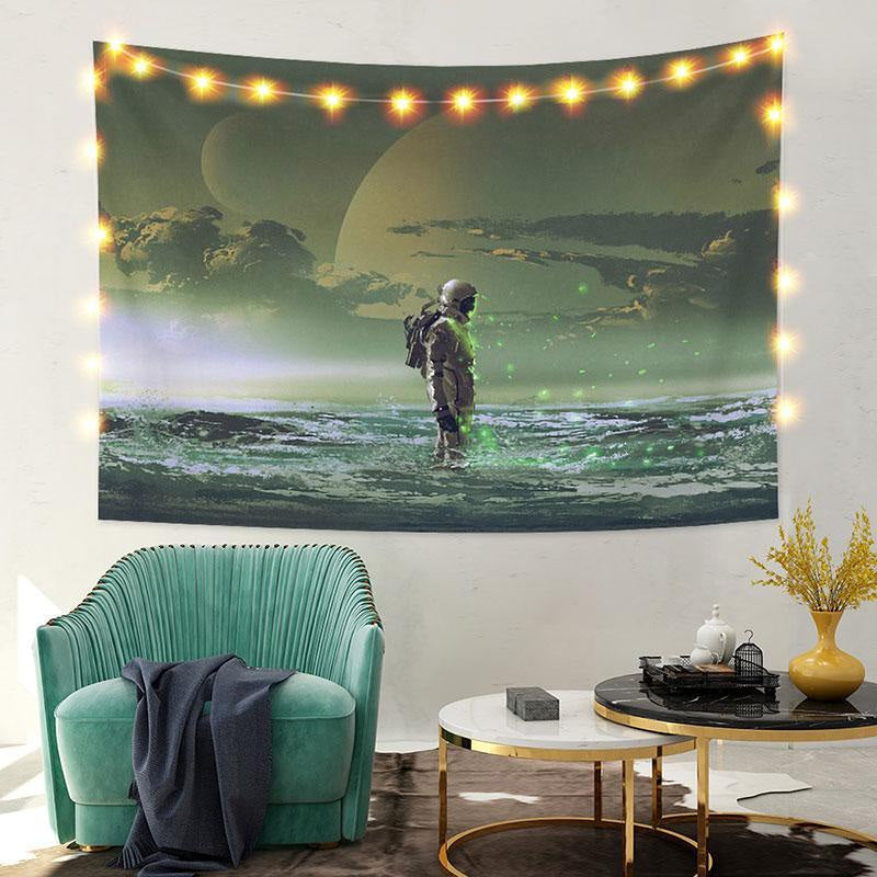 Lofaris Green Glitter Astronaut Sea Funny Family Wall Tapestry