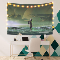 Lofaris Green Glitter Astronaut Sea Funny Family Wall Tapestry