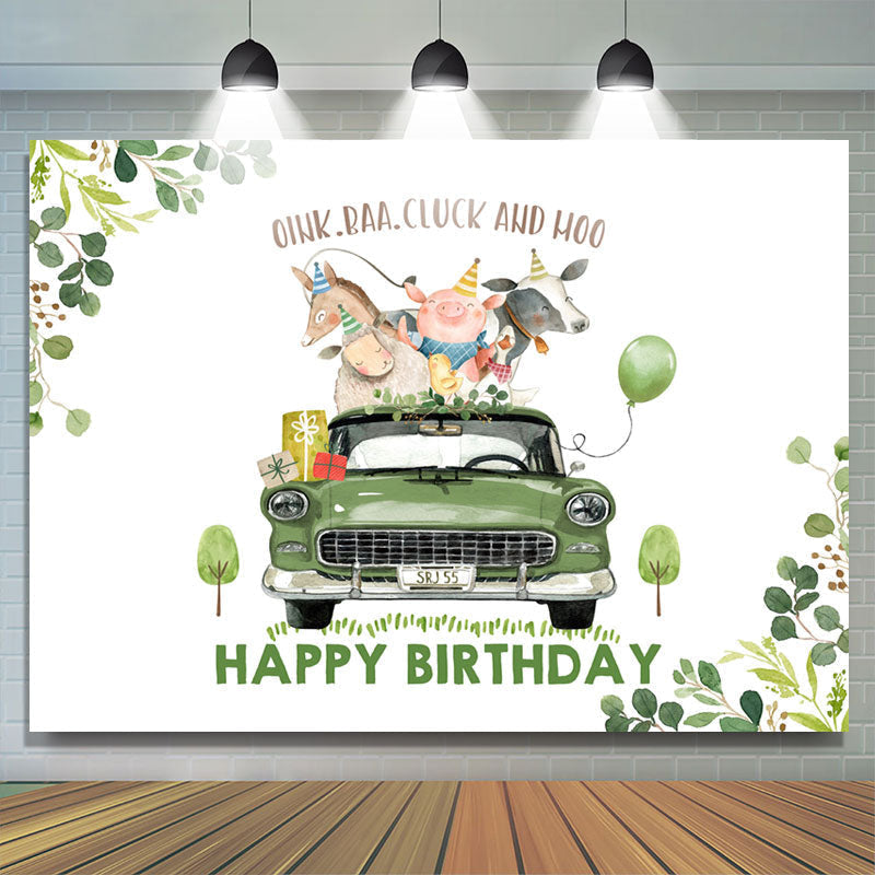 Lofaris Green Leaves And Car With Animal Happy Birthday Backdrop