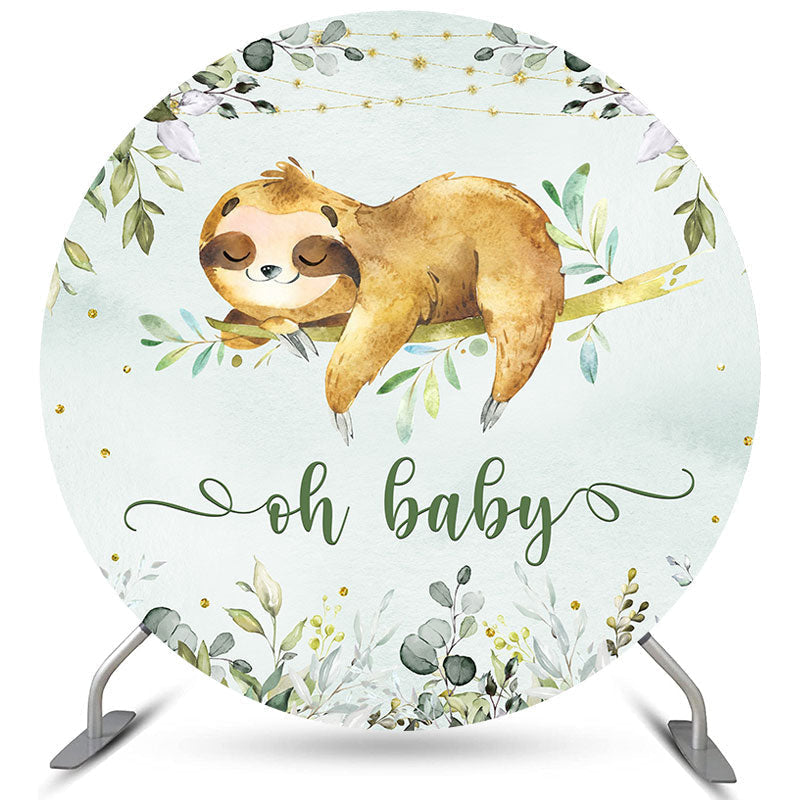 Lofaris Green Leaves And Cute Sloth Round Baby Shower Backdrop