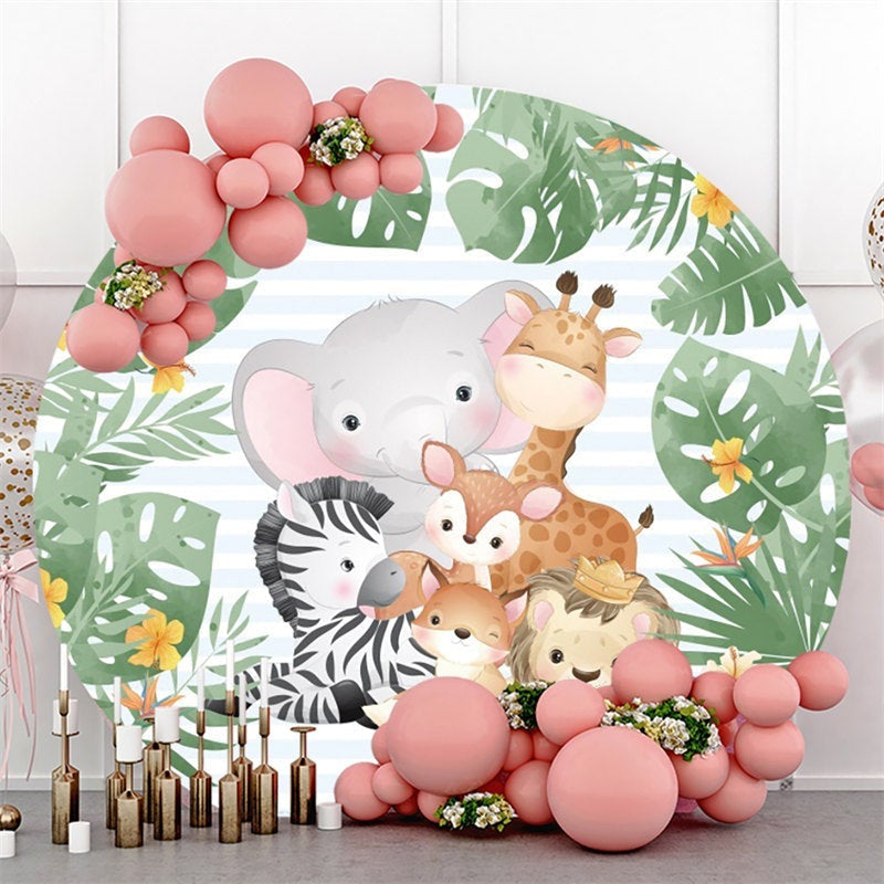 Lofaris Green Leaves And Jungle Animals Round Birthday Backdrop