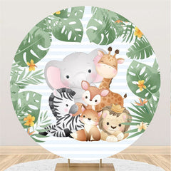 Lofaris Green Leaves And Jungle Animals Round Birthday Backdrop